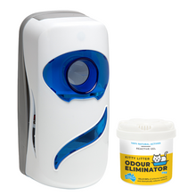 Load image into Gallery viewer, SAN-AIR Sleek Fan Dispenser with Kitty Litter Odour Eliminator Gel 75g Bundle
